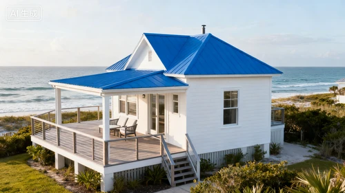 海景度假屋，白色外墙，蓝色屋顶，带露台，面朝大海，正视拍摄，休闲风格