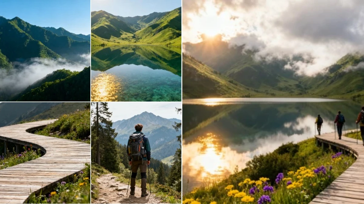 图2：自然风光攻略AI合成效果（左侧为拆分素材，右侧为合并成品）