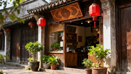 古镇特色小店，木质招牌，红灯笼装饰，门口有盆栽，侧视拍摄，温馨氛围