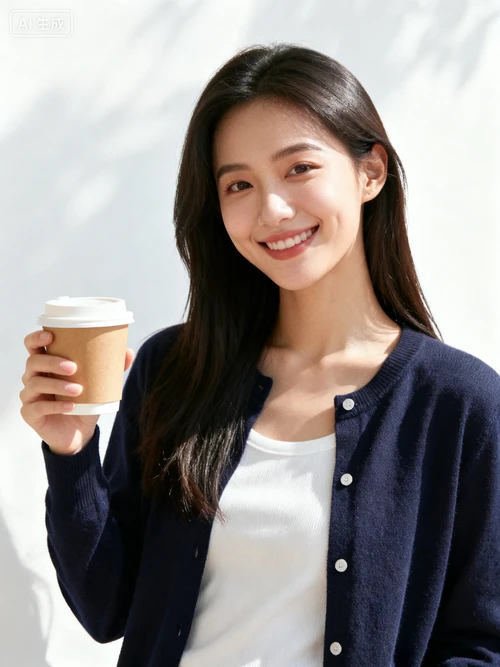 年轻女性打卡姿势，休闲穿搭，手持咖啡，微笑表情，白色背景，半身拍摄