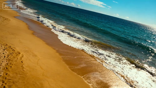 金色沙滩，细腻沙质，海浪轻拍岸边，阳光照射，俯视拍摄，层次分明