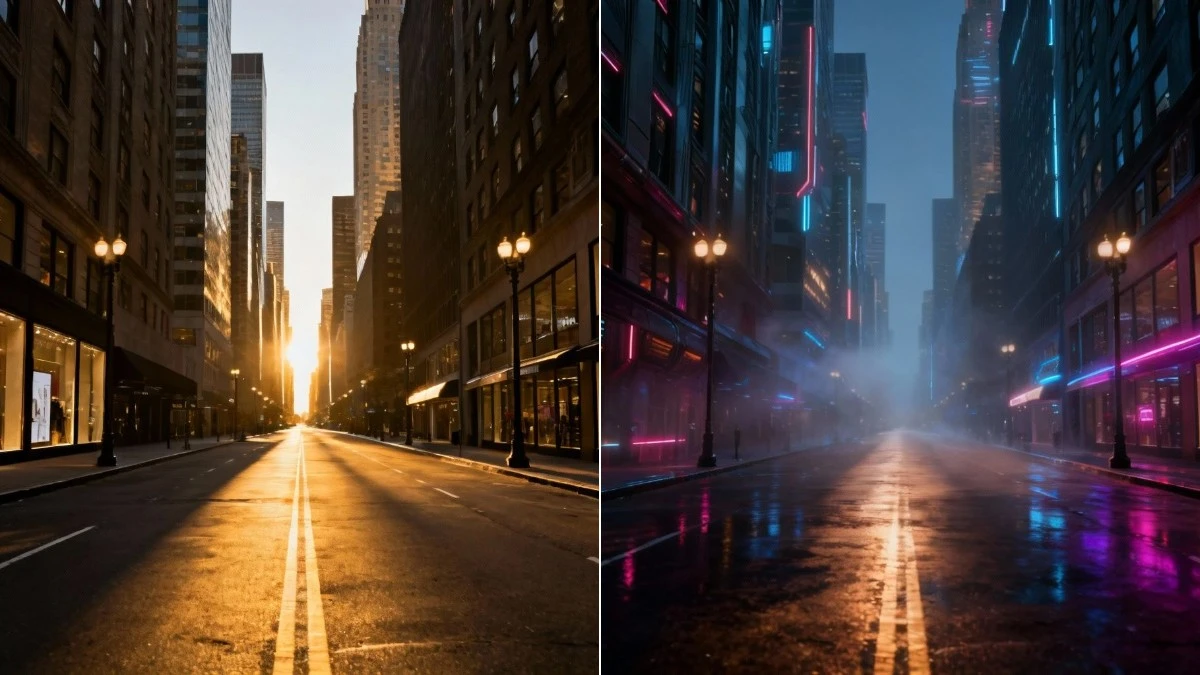 图3：赛博朋克3D场景效果（左侧为街拍图，右侧为3D渲染成品）