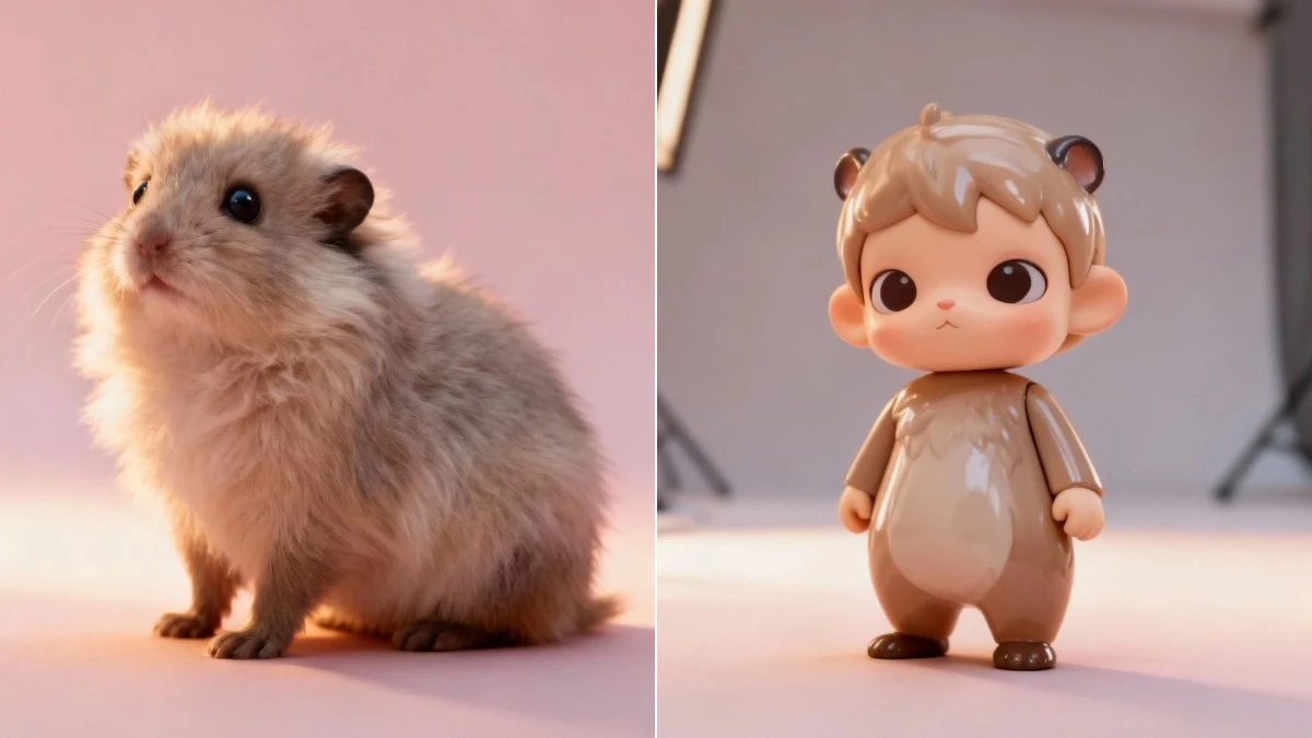 图4：宠物盲盒风3D效果（左侧为萌宠照，右侧为公仔成品）