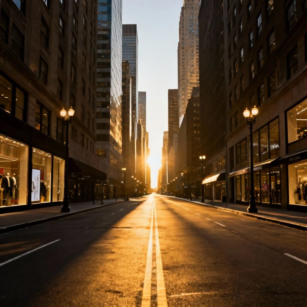 准备一张透视感较强的城市街道照片，最好有高楼和路面